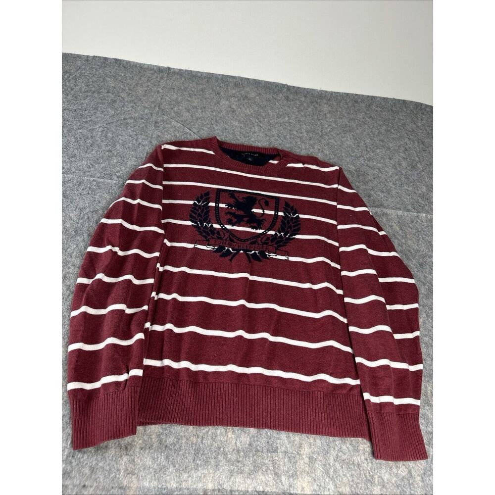 Tommy‎ Hilfiger Mens Size Medium Burgundy Striped Long Sleeve Crew Neck Sweater
